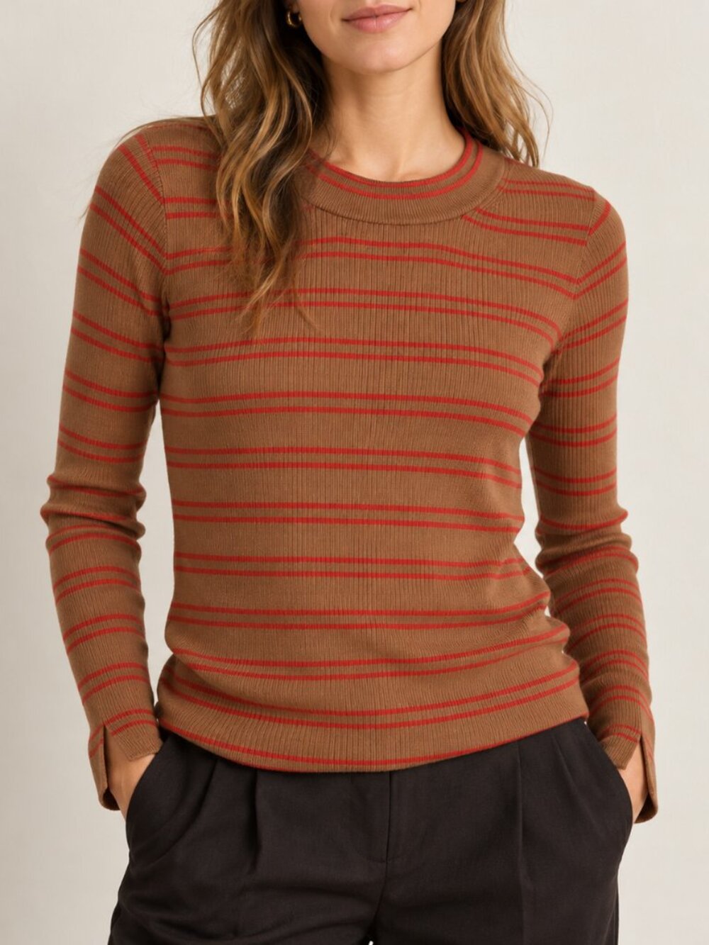 NWOT Madewell Pecan Crimson Stripe Merino Silk Crewneck Sweater Size L